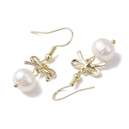 Alloy Bowknot Dangle Earrings, Natural Cultured Freshwater Pearl Drop Earrings