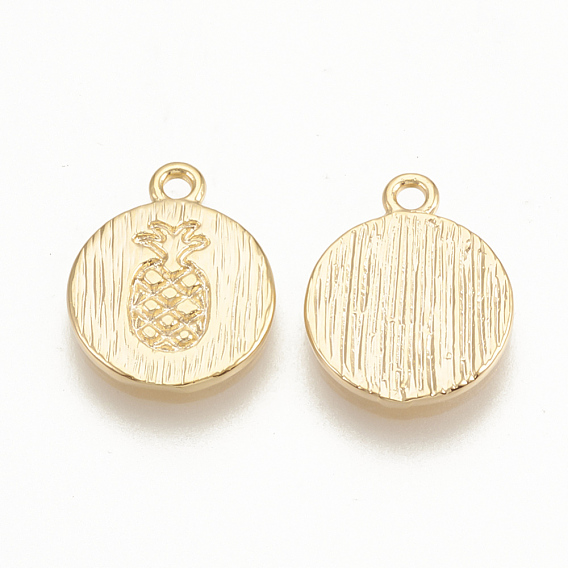 Brass Charms, Flat Round with Pineapple, Nickel Free, Real 18K Gold Plated