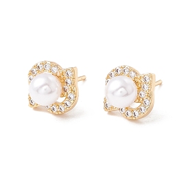 Cubic Zirconia Flower Stud Earrings with Acrylic Pearl, Brass Jewelry for Women, Lead Free & Cadmium Free