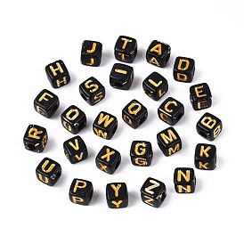 Непрозрачные акриловые бусины, золотой металл обвитыми, куб с письмом, чёрные