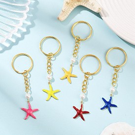 Латунные эмалевые подвесные брелоки, с 304 железными разъемными брелоками, морская звезда, с жемчугом из раковины , золотые