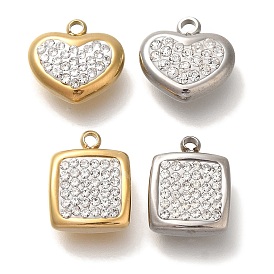 Ion Plating(IP) 304 Stainless Steel Charms, with Polymer Clay Crystal Rhinestone, Heart & Square Charm