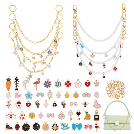 Комплекты декоративных цепочек для сумочек, включая 4шт. железные цепочки из скрепок, 4 шт. цепочки из круглых бусин с имитацией жемчуга, 50 шт. подвески из эмалевого сплава и 50 шт. соединительные кольца, золотые, разноцветные