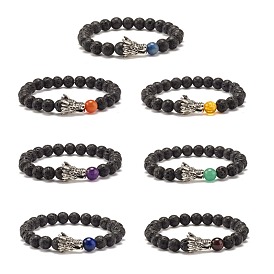 Ensemble de bracelets extensibles de perles rondes en pierre de lave naturelle et pierres mélangées, 7 bracelets empilables chakra avec tête de dragon en alliage pour femmes