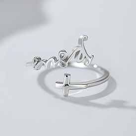 925 Sterling Silver Adjustable Cuff Open Rings for Women, Cross with Word Faith