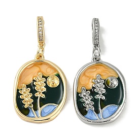 Brass Enamel Pendants, Oval with Flower Charm