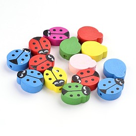 Natural Wood Beads, Lead Free, Dyed, Ladybug, Mixed Color, 18~19x15x6mm, Hole: 2mm