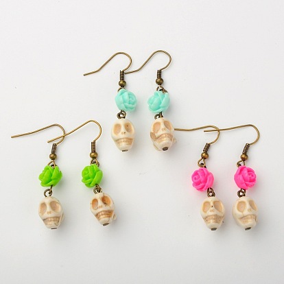 Dyed Synthetic Magnesite Skull Earrings, with Resin Rose Flower and Iron Earring Hooks, Antique Bronze, 47mm, Pin: 0.7mm