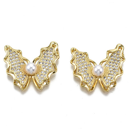Brass Micro Pave Clear Cubic Zirconia Pendants, with ABS Plastic Imitation Pearl, Nickel Free, Butterfly Shape