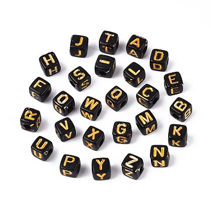 Непрозрачные акриловые бусины, золотой металл обвитыми, куб с письмом, чёрные