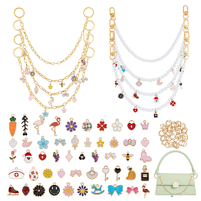 Комплекты декоративных цепочек для сумочек, включая 4шт. железные цепочки из скрепок, 4 шт. цепочки из круглых бусин с имитацией жемчуга, 50 шт. подвески из эмалевого сплава и 50 шт. соединительные кольца, золотые, разноцветные