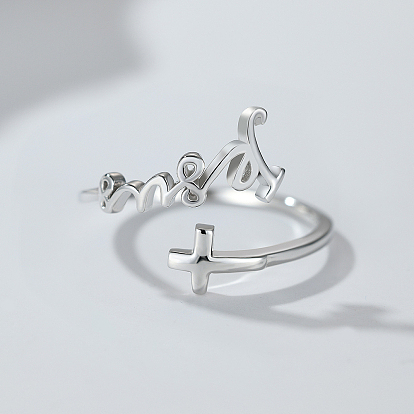 925 Sterling Silver Adjustable Cuff Open Rings for Women, Cross with Word Faith