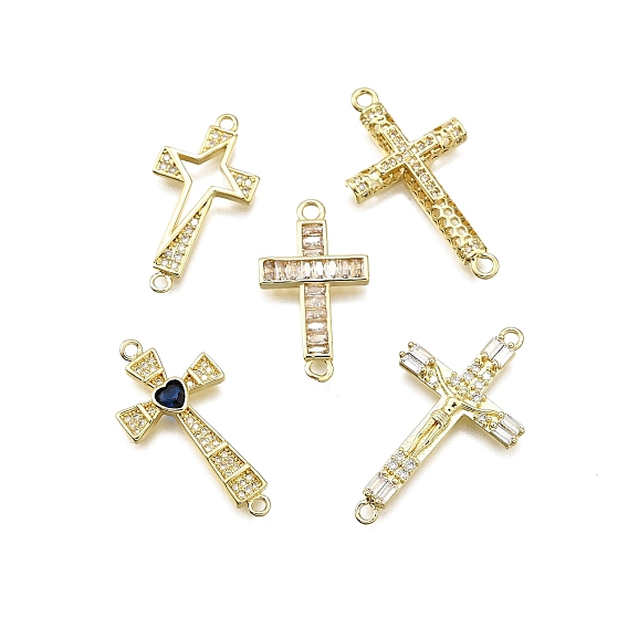 Латунные микро-паве прозрачные кубические цирконии религиозные крестообразные соединители подвески, долговечный, без свинца и без кадмия