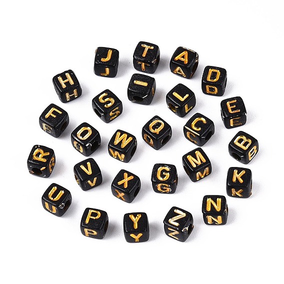 Непрозрачные акриловые бусины, золотой металл обвитыми, куб с письмом, чёрные