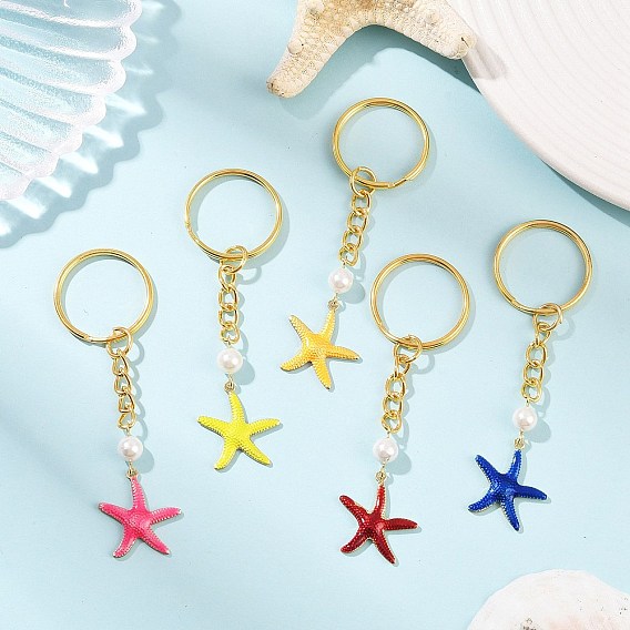 Латунные эмалевые подвесные брелоки, с 304 железными разъемными брелоками, морская звезда, с жемчугом из раковины , золотые
