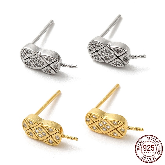 925 Sterling Silver Micro Pave Cubic Zirconia Stud Earring Findings, for Half Drilled Beads, Oval, with S925 Stamp