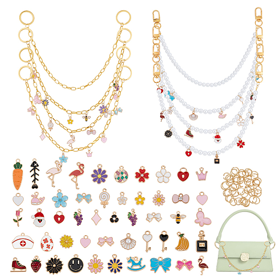 Комплекты декоративных цепочек для сумочек, включая 4шт. железные цепочки из скрепок, 4 шт. цепочки из круглых бусин с имитацией жемчуга, 50 шт. подвески из эмалевого сплава и 50 шт. соединительные кольца, золотые, разноцветные