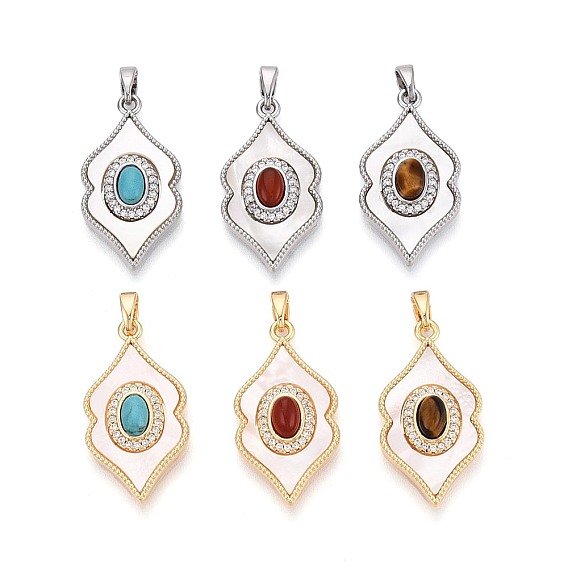 Подвески из драгоценных камней с ракушками, Подвески для губ с латунными микропаве из прозрачных кубических цирконий.