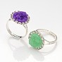 Adjustable Druzy Round Resin Silver Color Plated Brass Finger Rings, with Brass Rhinestone Cup Chain, 17mm, Tray: 16mm