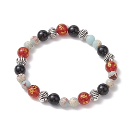 8mm Round Dyed Natural Agate and Synthetic Aqua Terra Jasper Beaded Stretch Bracelets, Om Mani Padme Hum Bracelets for Women Men