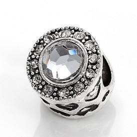 Античный серебряный тон плоские круглые с сердцем сплава акриловые европейских крупных бусин отверстий, со стразами, 12x11 мм, отверстие : 4.5 мм