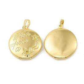 Rack Plating Brass Locket Pendants, Flat Round with Word & Star Charm, Cadmium Free & Lead Free, Long-Lasting Plated