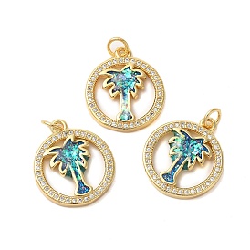 Brass Micro Pave Cubic Zirconia Pendants, with Synthetic Opal, Long-Lasting Plated, Lead Free & Cadmium Free, Ring with Coconut Tree, with Jump Rings