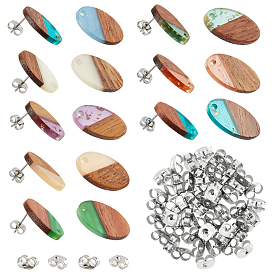 SUPERFINDINGS Transparent Resin & Walnut Wood Stud Earring Findings, with 304 Stainless Steel Pin and Gold Foil, Oval