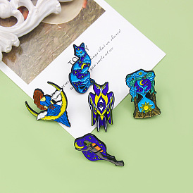 Starry Night Sky-themed Creative Brooch Set with Diver, Moon Goddess, Cat and Swallow Designs