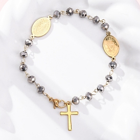 201 браслеты с подвесками в виде креста Девы Марии из нержавеющей стали и гальванического стекла с чудесной медалью, с 304 нержавеющей стали застежки, с покрытием платиным