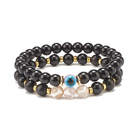 Black Stone & Wood Beaded Stretch Bracelet Sets, Natural Agate & Evil Eye Bead Stackable Bracelets for Women, with Non-magnetic Synthetic Hematite Beads