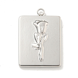 304 Stainless Steel Pendants, Rectangle with Flower Charm