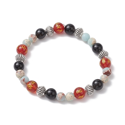 Pulseras elásticas con cuentas de ágata natural teñida redonda de 8 mm y jaspe sintético aqua terra, Pulseras om mani padme hum para mujeres y hombres.
