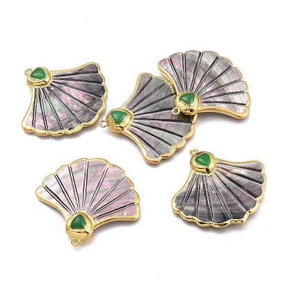 Natural Black Lip Shell Big Pendants, with Golden Plated Edge Brass Findings and Natural Chrysoprase, Fan