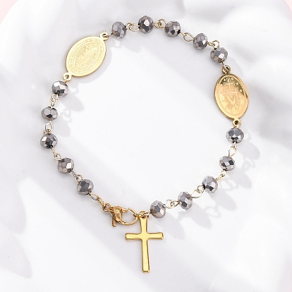 201 браслеты с подвесками в виде креста Девы Марии из нержавеющей стали и гальванического стекла с чудесной медалью, с 304 нержавеющей стали застежки, с покрытием платиным