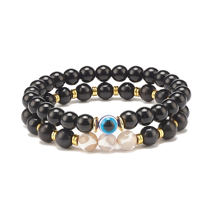 Black Stone & Wood Beaded Stretch Bracelet Sets, Natural Agate & Evil Eye Bead Stackable Bracelets for Women, with Non-magnetic Synthetic Hematite Beads