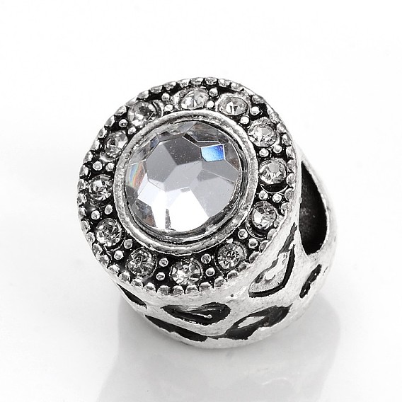 Античный серебряный тон плоские круглые с сердцем сплава акриловые европейских крупных бусин отверстий, со стразами, 12x11 мм, отверстие : 4.5 мм