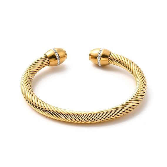 304 Stainless Steel Twist Rope Open Cuff Bangle, Rhinestone Torque Bangle for Women