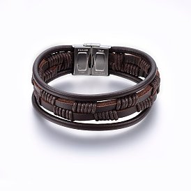 Leather Cord Multi-strand Bracelets, with 201 Stainless Steel Clasp, Rectangle, Coconut Brown