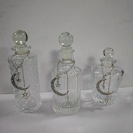3Pcs 3 Styles Moon Energy Glass Bottle Set, with Alloy and Iron Lunar Star Chain, for Crystal Cleansing, Meditation, Altar Decor, Antique Silver