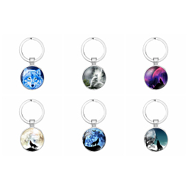 Glass Half Round/Dome with Wolf Pattern Pendant Keychains, with Alloy Findings, for Car Key Bag Ornament