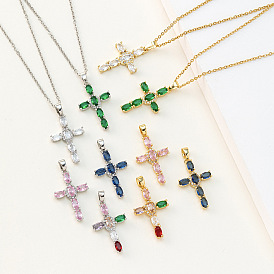 Colorful Zirconia Cross Pendant Necklace for Women, Unique and Stylish