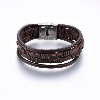 Leather Cord Multi-strand Bracelets, with 201 Stainless Steel Clasp, Rectangle, Coconut Brown