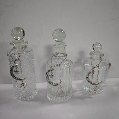 3Pcs 3 Styles Moon Energy Glass Bottle Set, with Alloy and Iron Lunar Star Chain, for Crystal Cleansing, Meditation, Altar Decor, Antique Silver