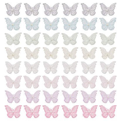 48шт 8 цвета двухслойные 3d бабочка полиэстер вышивка орнамент аксессуары, с пластиковой имитационной жемчужиной, аппликация из органзы, швейные украшения