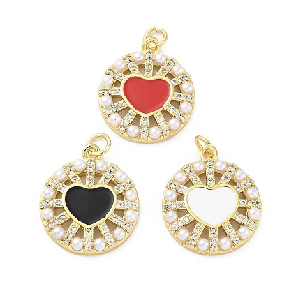 Подвески из латуни с микропаве из кубических цирконий, эмали и искусственного жемчуга ABS, без кадмия и без свинца, круглый с сердечками, реальный 16 k позолоченный