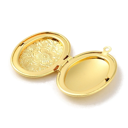 Rack Plating Brass Locket Pendants, Photo Frame Charms for Necklaces, Long-Lasting Plated, Oval with Flower Charm