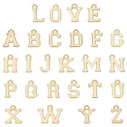 52Pcs 26 Letters Alloy Charms, Cadmium Free & Nickel Free & Lead Free, Alphabet, Real 16K Gold Plated