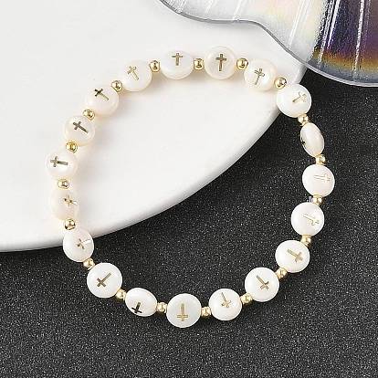 Natürliche, flache, runde Armbänder aus Süßwassermuscheln mit Kreuzperlen für Damen, mit Messing-Perlen, golden