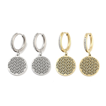 Hollow Flat Round with Flower 304 Stainless Steel Dangle Earrings, Rhinestone Hoop Earrings for Women
